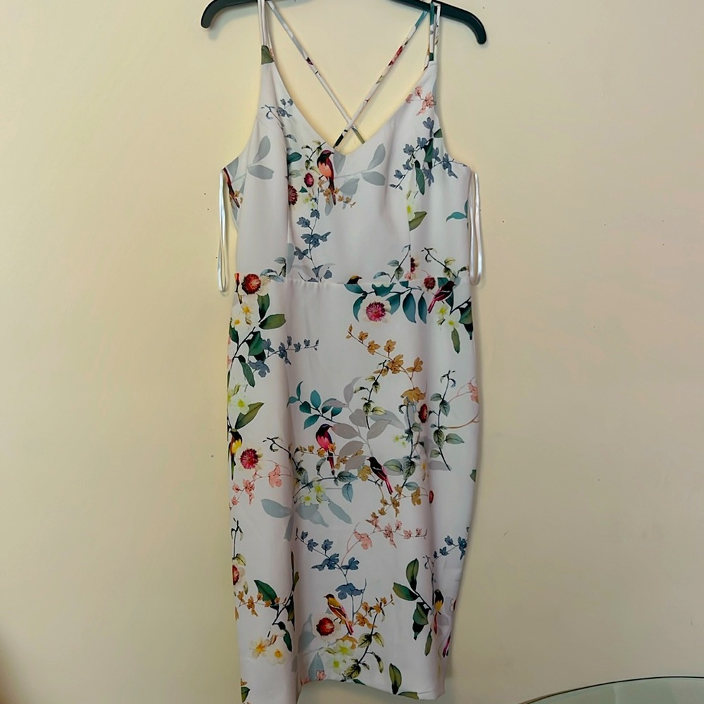 Midi length cream colored dress with floral and bird design.